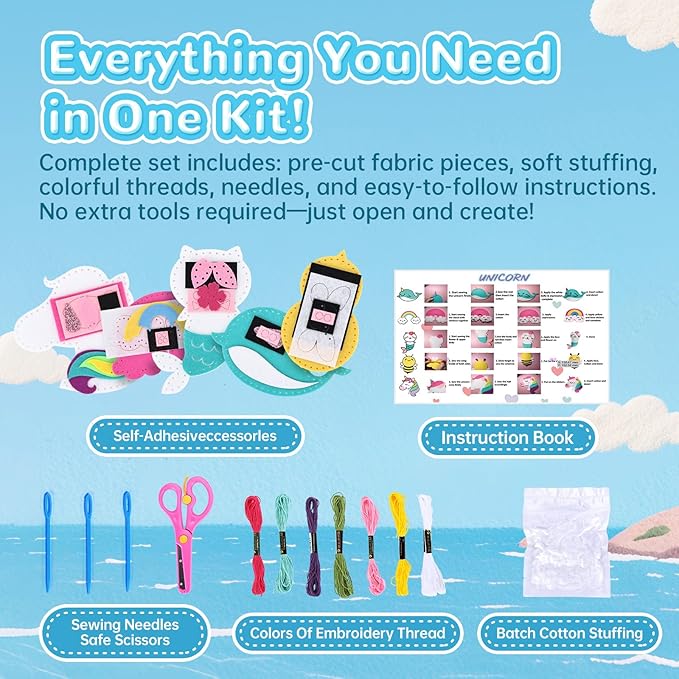 Cymbana Kids Sewing Kit Make Your Own Creative Felt Plush Animals Toy Craft Art Set for Beginners, Girls Gifts for Children 6+