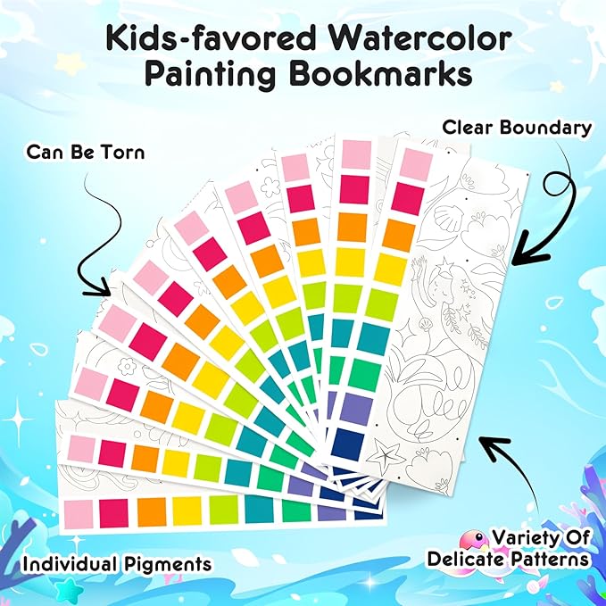 ROOCHKD Watercolor Painting Coloring Books Pocket Watercolor Paint Bookmarks, Mess Free Paint with Water Set, Travel Class Activities Art Party Favors Exchange Birthday Gifts for Kids (Mystic meraid)