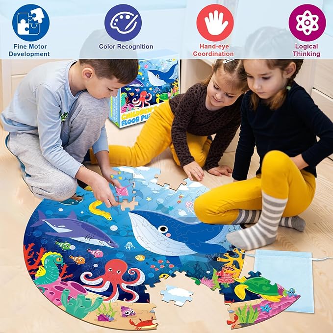 Puzzles for Kids Ages 4-8, 71 Piece Jumbo Large Underwater Ocean Floor Puzzle Sea Animals Shark Round Puzzles for Toddler Children 3-5 Educational Learning Toys for Boys Girls Birthday