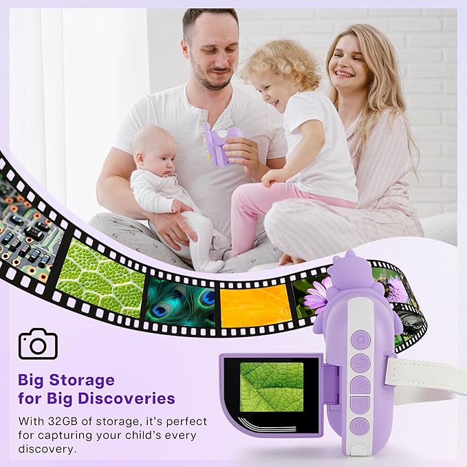 Dino Microscope for Kids, 1000x Portable Digital Microscope Camera with 2" Screen, Educational Science Kit Birthday Gifts for Kid Age 4-12, 32GB TF Card Included