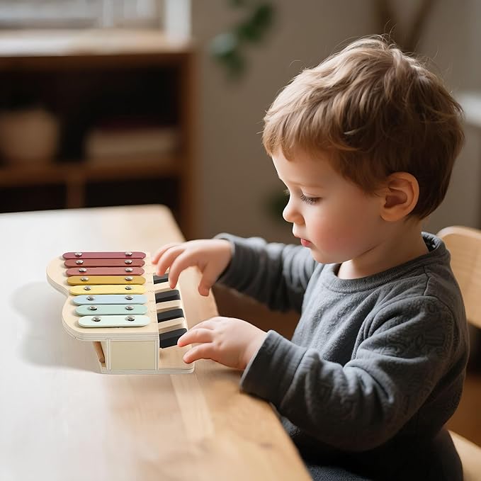 2-in-1 Piano Xylophone Wooden Musical Toy for Toddlers 1-3, Educational Musical Learning Instruments with 8 Colorful Keys, 5 Classic Song Sheets, Montessori Sensory Music Set for Girls Boys
