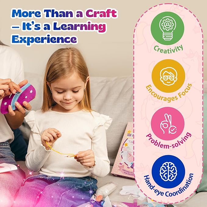 Pinwheel Crafts Beginner Sewing Kit for Kids Ages 5 6 7 8-12+ - Make Your Own Unicorn Purse Kids Sewing Kit - Play & Learn to Sew Craft Box, Girls & Boys Birthday Gifts