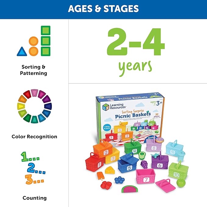 Learning Resources Sorting Surprise Picnic Baskets, Toddler Sorting & Matching Skills Toy, Fine Motor Skills, Preschool Educational Toys, 32 Pieces, Ages 3+