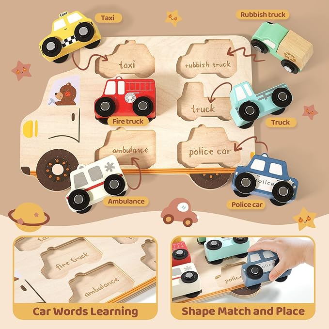 Wooden Toddler Puzzles,Montessori Vehicle Puzzles for Toddlers,Montessori Toys for 1 2 3 Years Old Boys Girls Educational Toys with 6 Emergency and City Vehicles,Wooden Toy Cars for Toddler 1-3