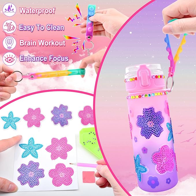 ASIOWELY Decorate Your Own Water Bottle Kits for Girls Age 4-12, Flower Diamond Painting Art and Crafts Gift for Boys Age 4-6-8-10, Fun Gifts Toys for School Birthday Christmas