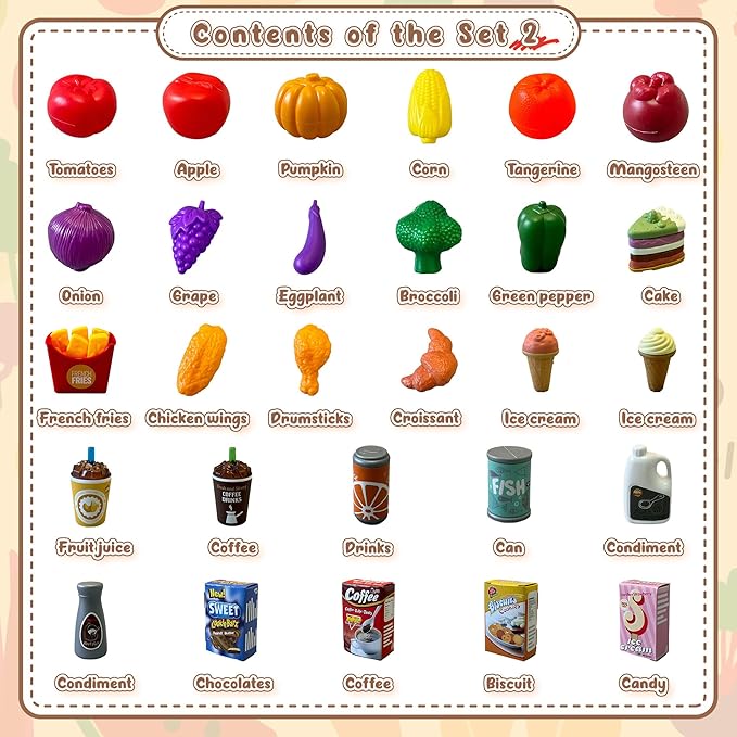 JBBRO Wooden Play Food, Wooden Toys Montessori Kitchen Tools for Toddlers 1-3, 46-Piece Realistic Cutting Set with Play Kitchen Accessories, Educational Pretend Food for Boys and Girls 18+ Months