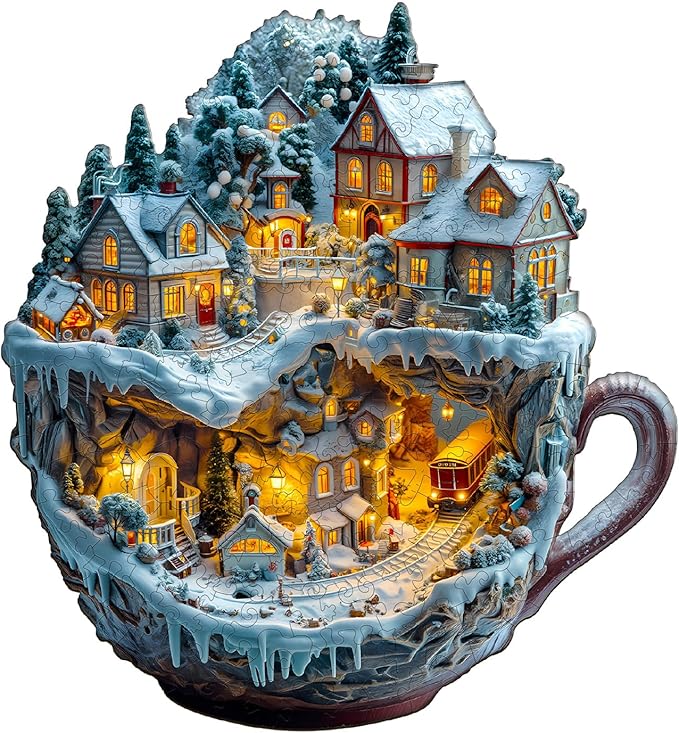 Wooden Puzzles for Adults - Train and Village Wooden Jigsaw Puzzle - Unique Animal Shaped Wood Puzzles Adult - Christmas Birthday Gifts for Adults/Friends/Family - 90pcs 8.5 * 7.9in