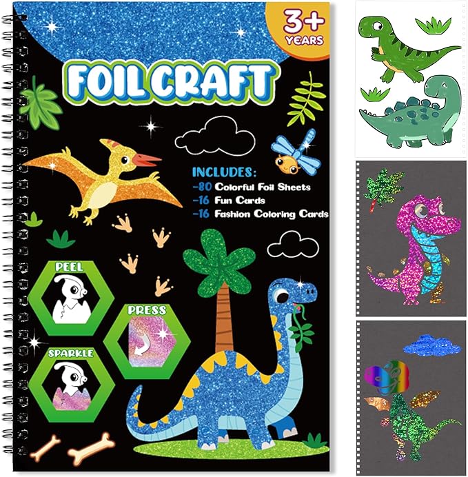 Foil Craft Dinosaur DIY Art Fun Kits, No Mess Creative Foil Art Kits Set Drawing Game for Kids, Birthday Gifts Crafts Supplies Travel Toys for Girls Boys Ages 4-9