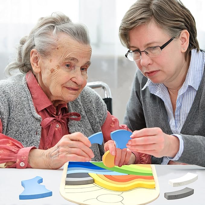 Activities for Dementia Patients, 20 Pieces Wooden Puzzles Game for Seniors, Colorful Hill Pattern Match Alzheimers Products for Elderly, Tile Matching Board Memory Cognitive Gifts
