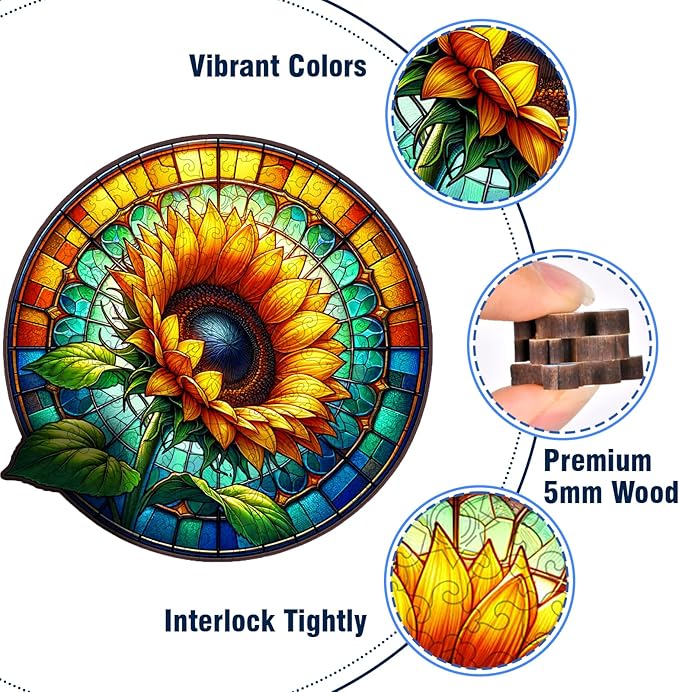 Wooden Puzzle for Adults, Stained Glass Sunflower Puzzle, Wooden Jigsaw Puzzles with Wooden Box, Unique Plant Shaped Wood Cut Puzzles, Family Games for Kids and Adults, 300 Pieces 15.2"x 15.2"