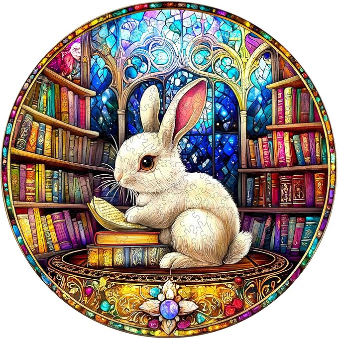 Wooden Puzzles for Adults, Wooden Jigsaw Puzzles for Adults Kids, Library Rabbit Unique Shaped Wood Puzzles Adult, Creative Birthday Gifts for Friends Family Game (11.4 * 11.4in 200pcs)