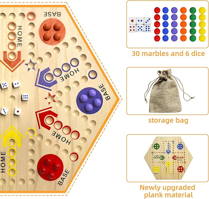 Wooden Board Game, Original Marble Game Double Sided Painted 2 to 6 Player Fast Track Board Game Wooden with 6 Colors 24 Marbles 6 Dice for Adults Kids Family(15 INCH)
