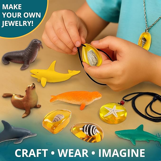 Under-The-Sea Dig Kit – Dig & Discover 18 Real Shell Fossils, Amber Jewelry & Sea Animal Creatures – Ocean Necklace Making & STEM Excavation Activity Toy for Kids Ages 6+