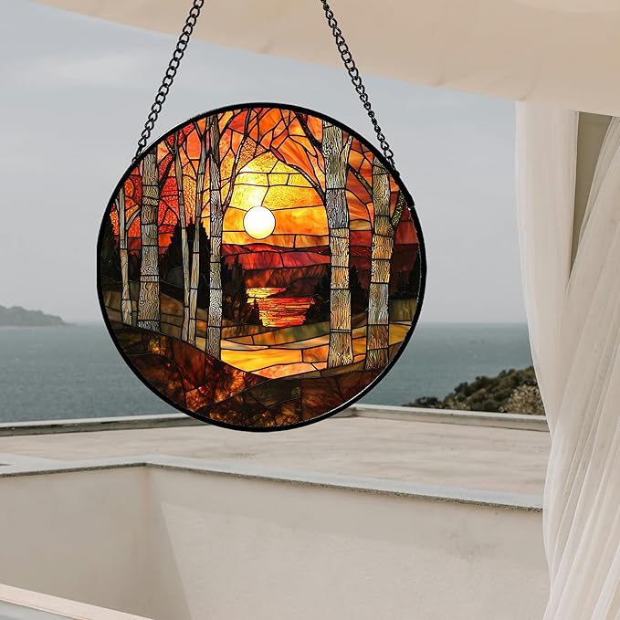Stained Glass Window Hanging, Orange Red Landscape Forest Lake Moon Suncatcher for Doors Window Home Sun Catchers Decor Mother's Day Birthday Gifts for Women Men Mom 15 in