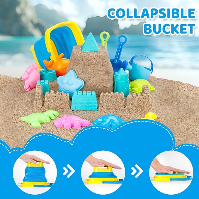 Collapsible Beach Toys Set for Kids Boys Castle Sand Toys Set with Sand Bucket & Shovels Set & Sand Molds and Mesh Bag, Travel Sandbox Toys for Toddlers Age 3-10.