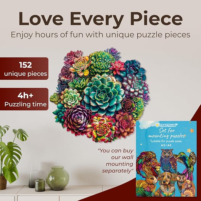 Crafthub Flowers Wooden Puzzles for Adults – A3 Mandala Succulent Plants with 152 Pieces Wood Puzzles – Jigsaw Puzzles with Unique Animal Shapes – 10.8" x 10.3"