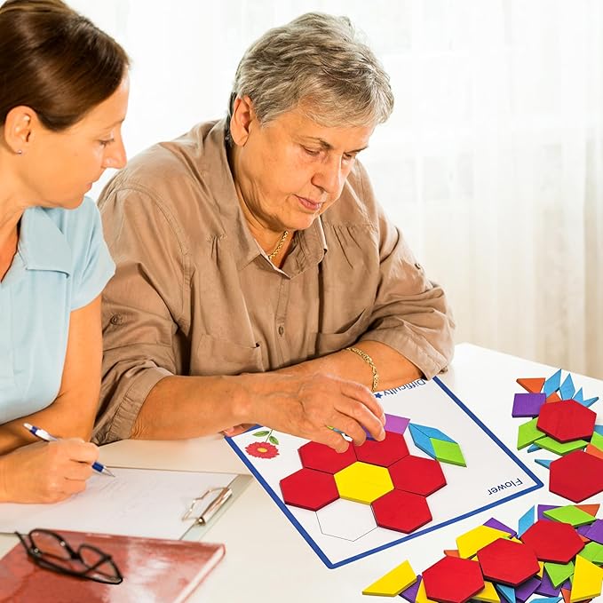 Dementia Activities for Patients, 80 Pieces Wooden Tangrams Cognitive Game for Seniors, Colorful Shape Pattern Alzheimers Products for Elderly, Easy Tile Matching Memory Puzzle Board Gifts