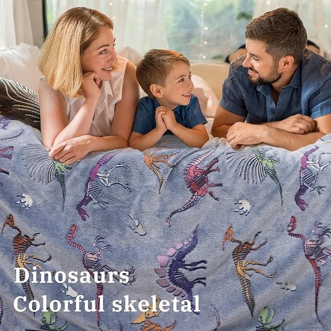 Glow in The Dark Dinosaur Blanket - Soft Warm Plush Kids Cute Dino Throw Blankets for Couch, Luminous 80"x60"