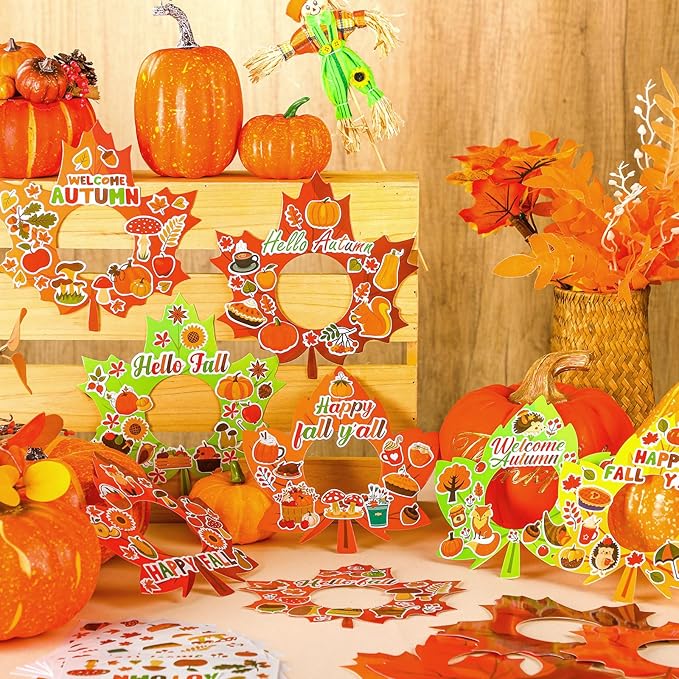 Jetec 48 Packs Fall Picture Frame Craft Kits Maple Leaf Shape DIY Photo Frame with Stickers Make Your Own Picture Craft for Thanksgiving Autumn Home Classroom Decor