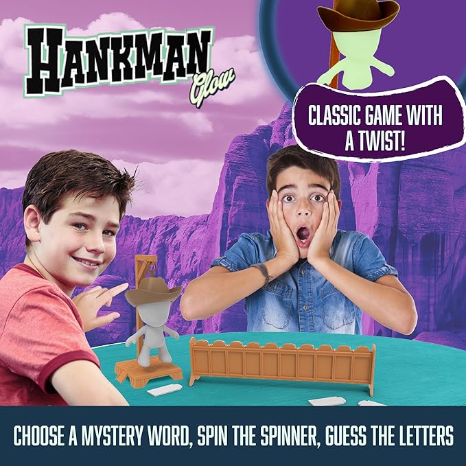 Fotorama Hankman Glow, Magnetic Hangman Mystery Word Guessing Game for Kids & Families, Glow in The Dark Travel Game, Guess Who Before Hank Falls
