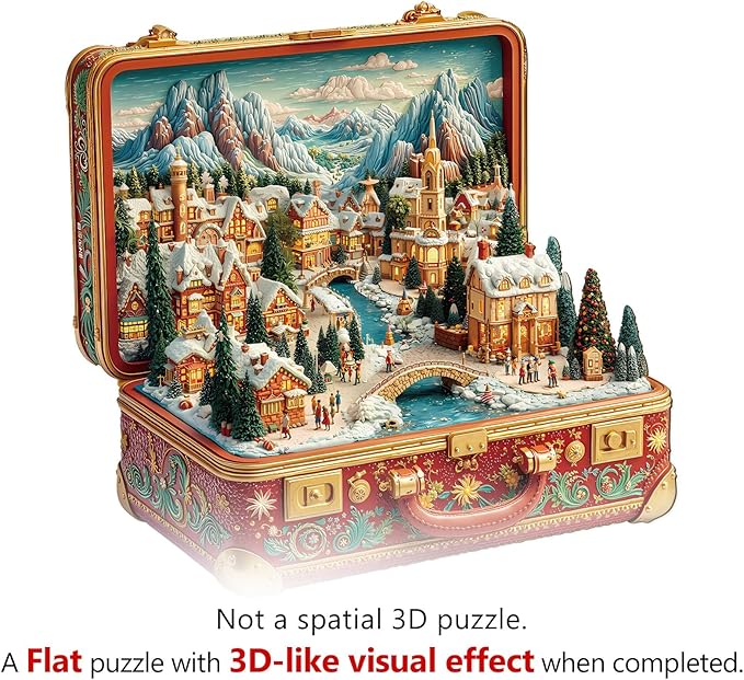 WOODBESTS Wooden Puzzles for Adults (260 Piece, L, 13.4 * 13in) Christmas Suitcase Town Wood Puzzle Adult, Unique Wooden Animal Jigsaw Puzzles, Family Game and Birthday Gifts for Friend