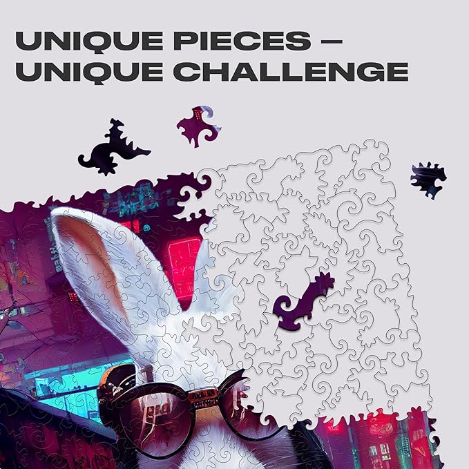 UNIDRAGON Original Wooden Jigsaw Puzzles - Pop Art Cyber Rabbit, 250 pcs, 12.6"x 9", Beautiful Gift Package, Unique Shape Best Gift for Adults and Kids
