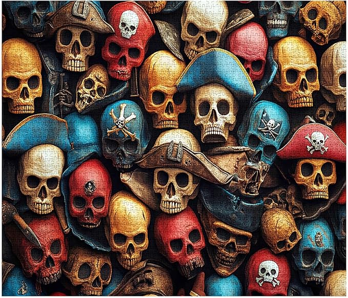 Tucocoo Pirate Skulls Jigsaw Puzzle 1000 Pieces Puzzles for Adults, Colorful Skeleton with Hats Vintage Art Puzzles for Challenging Family Activity Games DIY Craft Puzzle for Home Wall Decor Gifts