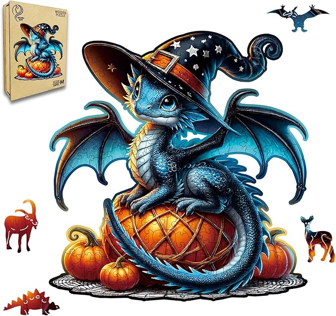 Dragon Wooden Puzzles for Adults,Pumpkin Witch Jigsaw Puzzles 200 Piece,Thanksgiving Birthday Gifts Family Game,Unique Shape Puzzle Challenge 11 x 11 Inch