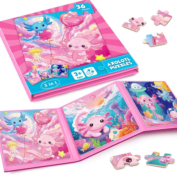 Magnetic Jigsaw Puzzles for Toddlers Kids 3-8 Girls,(3 36-Pieces) Travel Puzzles Toys for Kids Ages 4-6,Take-Along Car Airplane Road Trip Activities Game for 3 4 5 6 7 8 Year Old Birthday Gift,Axolotl