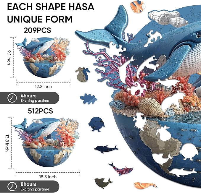 Dolphin Earth Wooden Puzzles, 209 Pieces Jigsaw Puzzles 12.2 x9.1 inch, Unique Design Wooden Puzzles for Adults and Kids, Family Game Gift