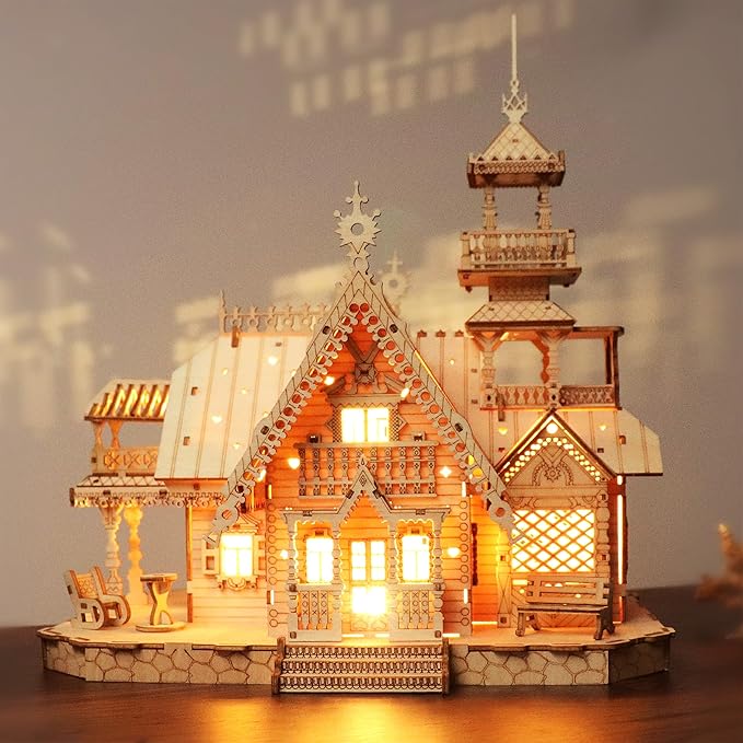 Vintage Villa 3D Wooden Puzzle,Building Kits for Adults and Teens,Educational Brain Teaser Assembly Model with LED Lights,Skill Building and Creative Fun