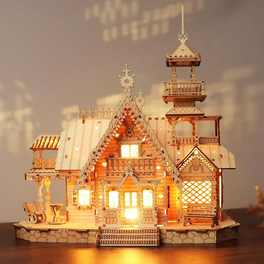 Vintage Villa 3D Wooden Puzzle,Building Kits for Adults and Teens,Educational Brain Teaser Assembly Model with LED Lights,Skill Building and Creative Fun