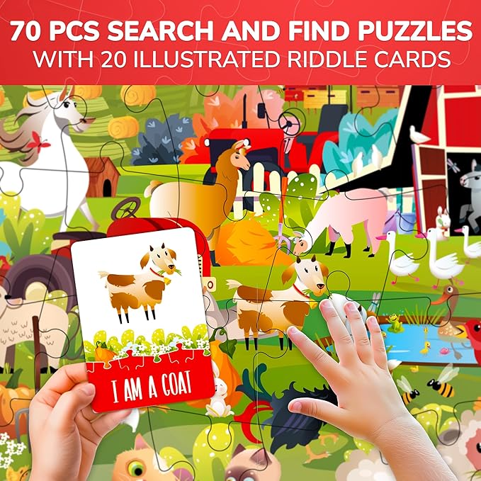 QUOKKA Search and Find Puzzles for Kids Ages 4-6 - Riddle Kids Puzzles 6-8 Years Old - 70 Unique Pcs - 20 Illustrated Guessing Cards - Engaging Children Themes - Farm Puzzle Gift for Toddlers 3-5