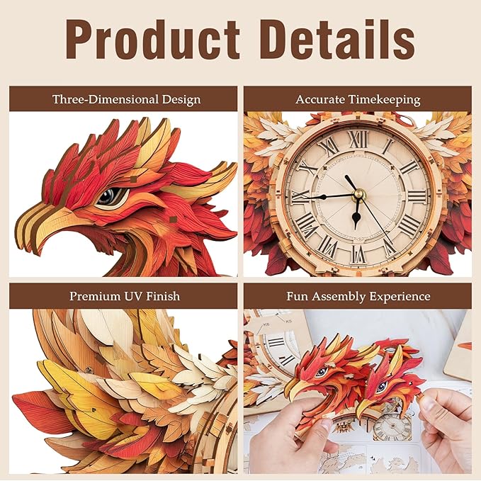 Cutywood 3D Puzzles for Adults Clock-Phoenix Design Model Kit-Mechanical DIY Pendulum Clock with Roman Numerals-Desk Home Office Decor Personalized Gift for DIY Lovers