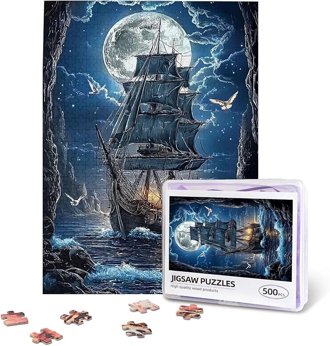 Sailboat Jigsaw Puzzles 500 Pieces，Moon Sailboat Jigsaw Puzzles Moonlit Voyage 500 Piece，Ocean Sea Sailing Ship Puzzles，Fantasy Puzzles for Friends Family Activity Game Nights Gifts