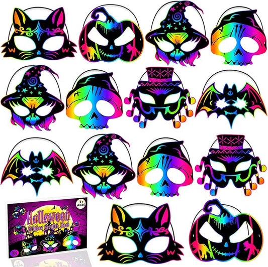 JMUQ Halloween Crafts Scratch Mask for Kids, 36Pcs Halloween Games Scratch Art Craft Kit Rainbow Paper for Party Favors Supplies Classroom Favors Activities