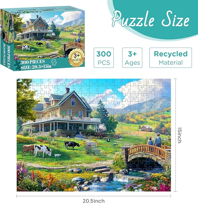 300 Pieces Puzzle for Adults Country Life Puzzle Recycled Cardboard Large Piece, Cows Jigsaw Puzzles 300 Pieces Challenging Game Home Decor Gift Toy for Adults Kids Seniors 20.5 * 15 inch