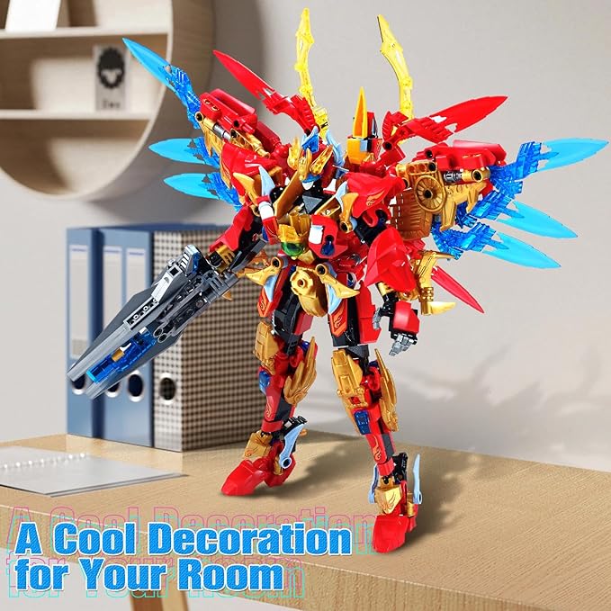 Fire Phoenix Mech Sets 2in1 Building Blocks，Transforming Robot Building Kits with Vermilion Bird Model，Christmas Birthday Gift for Adults Kids Boys Ages 8-14（531 Pieces） (Vermilion Bird)