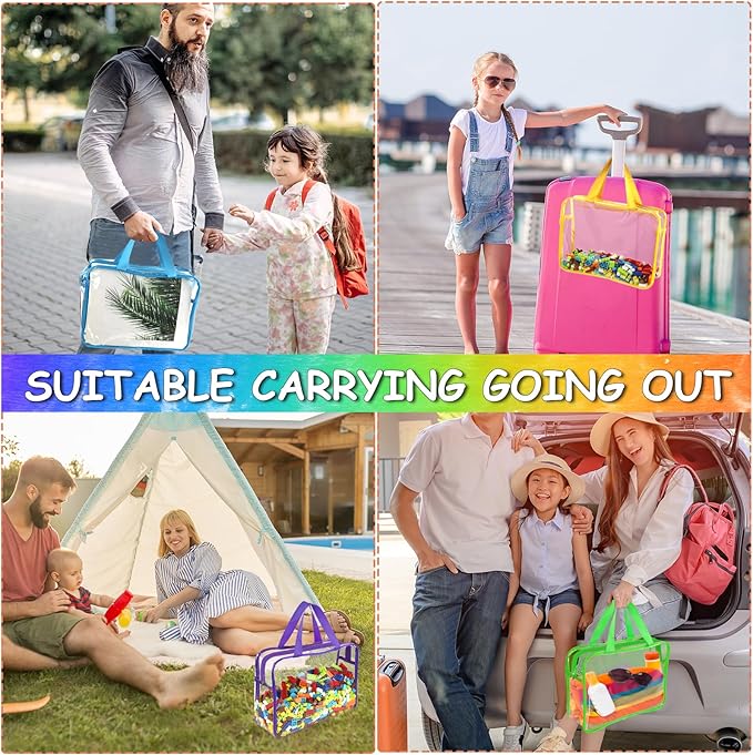 OPELETNNT 6 Color Large Toy Storage Bags with Labels, Reusable Clear PVC Board Game Storage, Travel Waterproof Organizer Bags with Zipper for Building Blocks, Puzzle, Kids Books