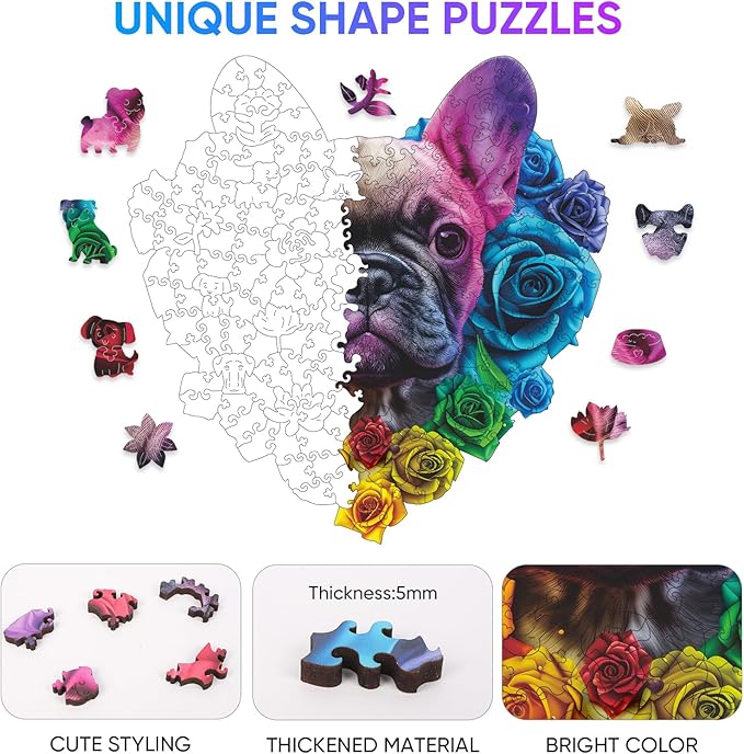 Ruikiyart Wooden Puzzles for Adults, 5MM 500 Pieces Love Bulldog Wooden Jigsaw Puzzles, Unique Shapes Pieces Dog Puzzle Gift for Kids and Adults on Birthday,Thanksgiving,Christmas (16.7"x16.9")