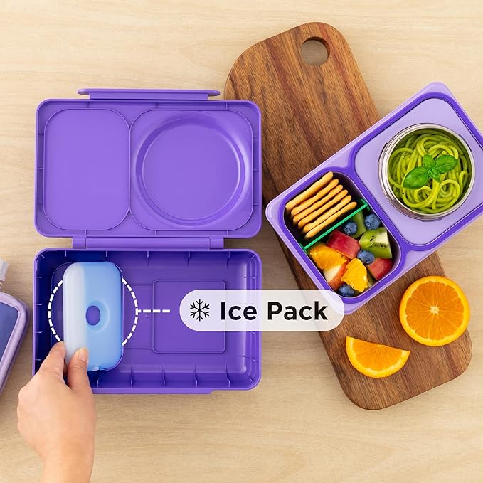 Omie OmieBox UP bento Box for Kids | Insulated Lunch Box | Leak Proof Vacuum Insulated Thermal Food jar | Cooler ice Pack | 2 Compartments (Galaxy Purple)
