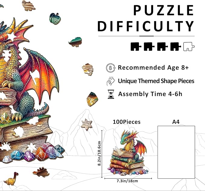 Wooden Puzzles for Adults - Reading Dragon Wood Puzzles Adult - Unique Animal Shape Wooden Jigsaw Puzzles for Adults - Birthday Gifts for Puzzle Lovers, Family (8.5 * 8.5in)