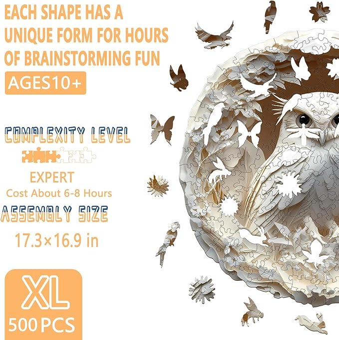 Wooden Puzzles for Adults, Flat Puzzle with 3D Visual Effect, Paper Carved Owl Wooden Jigsaw Puzzles for Adult, Unique Shape Wood Puzzles Adult, Wall Art Canvas Puzzle (XL-17.3 * 16.9in-500pcs)