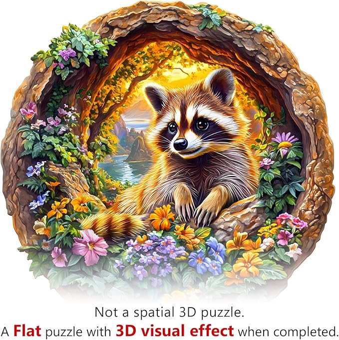 KAAYEE Wooden Puzzles for Adults, 3D Visual Effect Raccoon on Vacation Wooden Jigsaw Puzzle Unique Shape Wood Puzzle Adult, 3D Effect Flat Puzzle Birthday Family Game (M-11.4 * 11.3 in-200pcs)