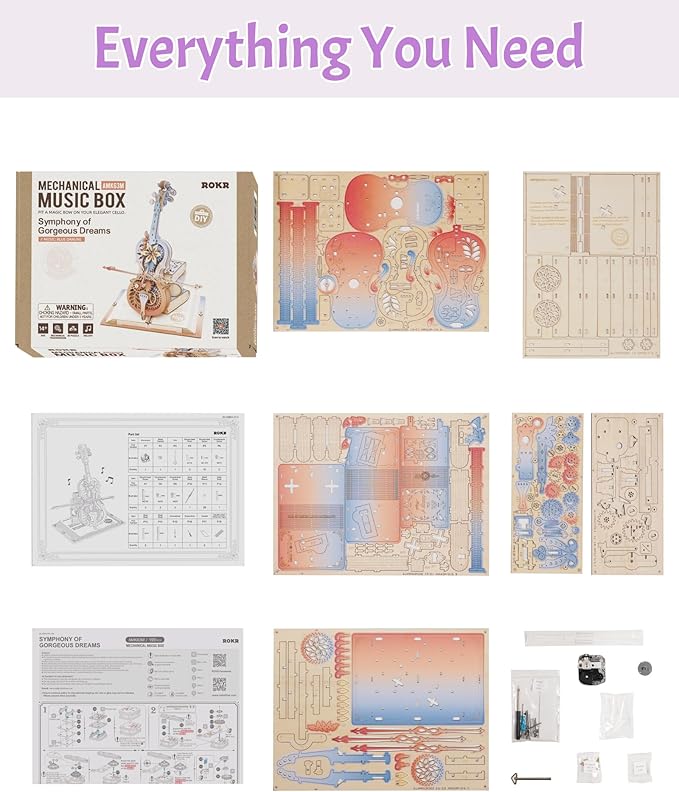 ROKR 3D Puzzles for Adults, Wooden Music Boxes-Cello, Model Kits for Adults, DIY Building Sets, Birthday Gifts Hobbies for Women Men