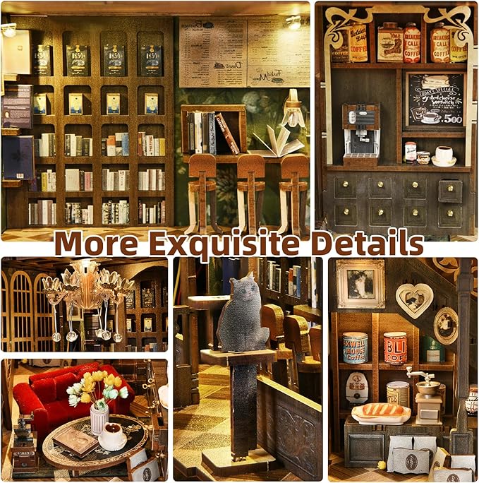 Book Nook Kit, DIY Miniature Dollhouse Kit 3D Puzzles for Adults Tiny House Mini Home Craft Bookshelf Nook Puzzle Book Decor Gifts for Teenagers Book Lovers (Saisons Café)