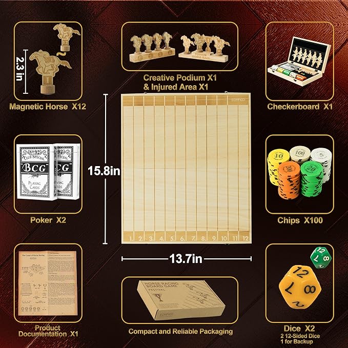 Horse Race Board Game, Magnetic Horse Racing Game with 100 Chips, 12 Magnet Wooden Horses, 2 D12 & 2 Cards, Thickened Solid Wood Horse Game Set Luxury Board Games for Family Nights Party Gifts
