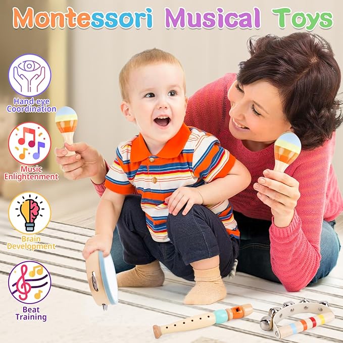 Wooden Musical Instruments for Toddlers 1-3 - Montessori Educational Toys for 1 2 3 Year Old Baby Kids, with Xylophone, One 1st 2st Christmas Birthday Gifts for Girls Boys