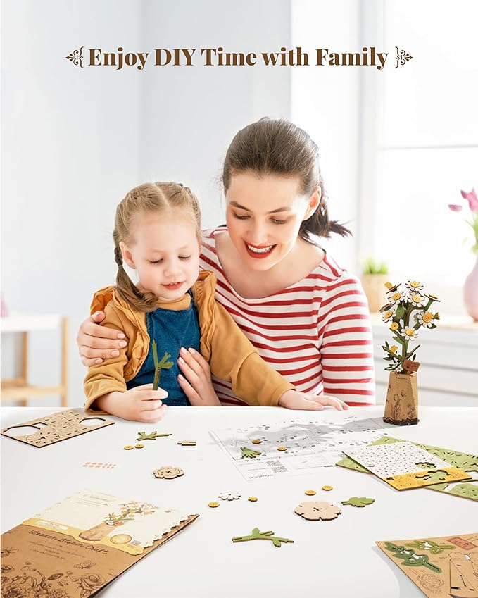 rowood 3D Puzzle Wooden Flower,DIY Flower Building Block Set Craft Kit for Kids,Mother's Day/Valentine's Day/Teacher's Day/Thanksgiving/Christmas/Birthday Gift for Mom/Grandma-Chamomile
