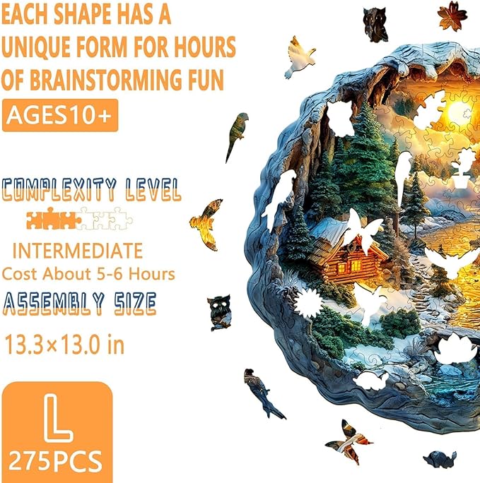 Wooden Puzzles for Adults, Flat Puzzle with 3D Visual Effect, Winter Scene Wooden Jigsaw Puzzles for Adults, Forest River Sunset Wood Puzzles Adult, Wall Art Canvas Puzzle (L -13.3 * 13 in -275 pcs)